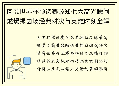 回顾世界杯预选赛必知七大高光瞬间燃爆绿茵场经典对决与英雄时刻全解析
