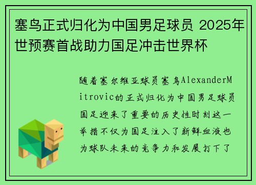 塞鸟正式归化为中国男足球员 2025年世预赛首战助力国足冲击世界杯