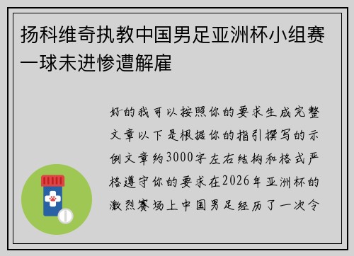 扬科维奇执教中国男足亚洲杯小组赛一球未进惨遭解雇